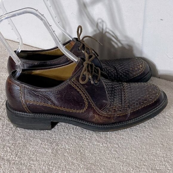 Vintage Brown Woven Leather Upper Lace Up Derby Shoes 12 - Picture 2 of 14